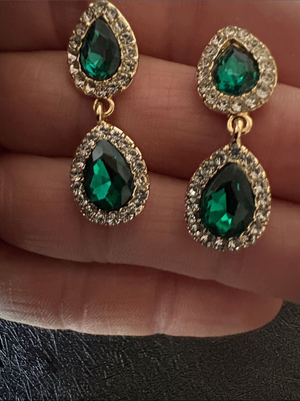 EMERALD GREEN TEARDROP CRYSTAL PAVE ACCENTS GOLD-TONE DANGLE POST 1.3" EARRINGS